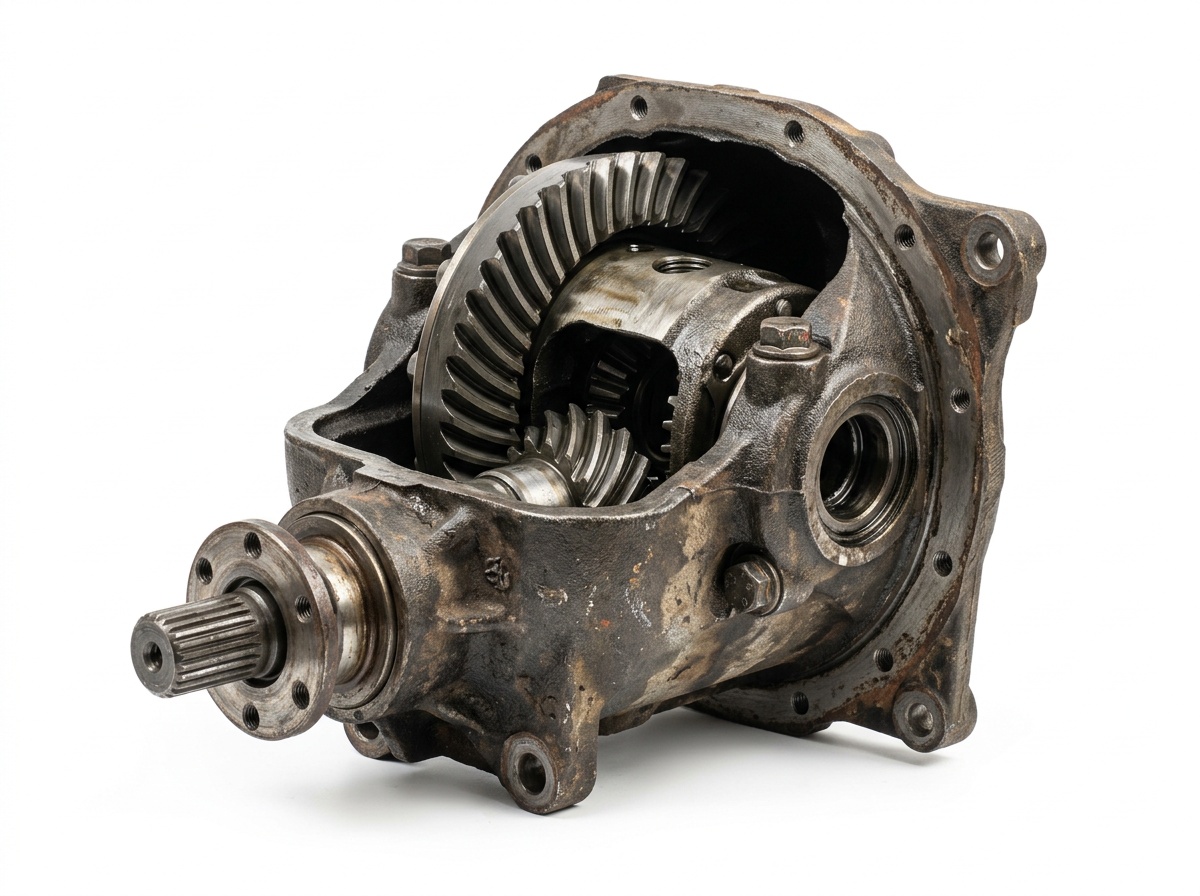 Used Nissan Hardbody rear differential and propshaft on workshop floor