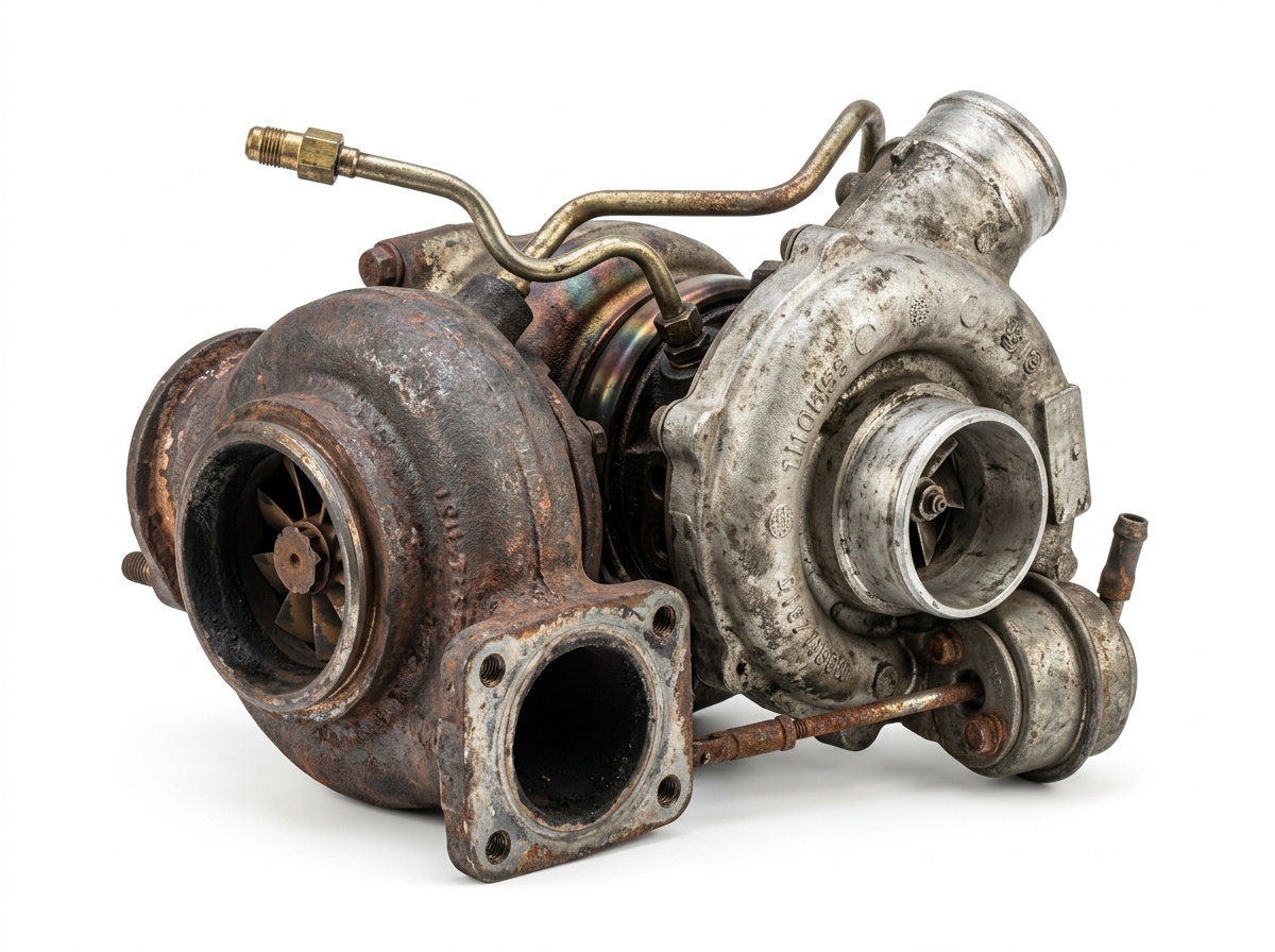 Used Nissan turbocharger and intercooler piping on workbench